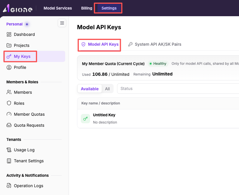 AGIOne Settings - My Keys - Model API Keys page