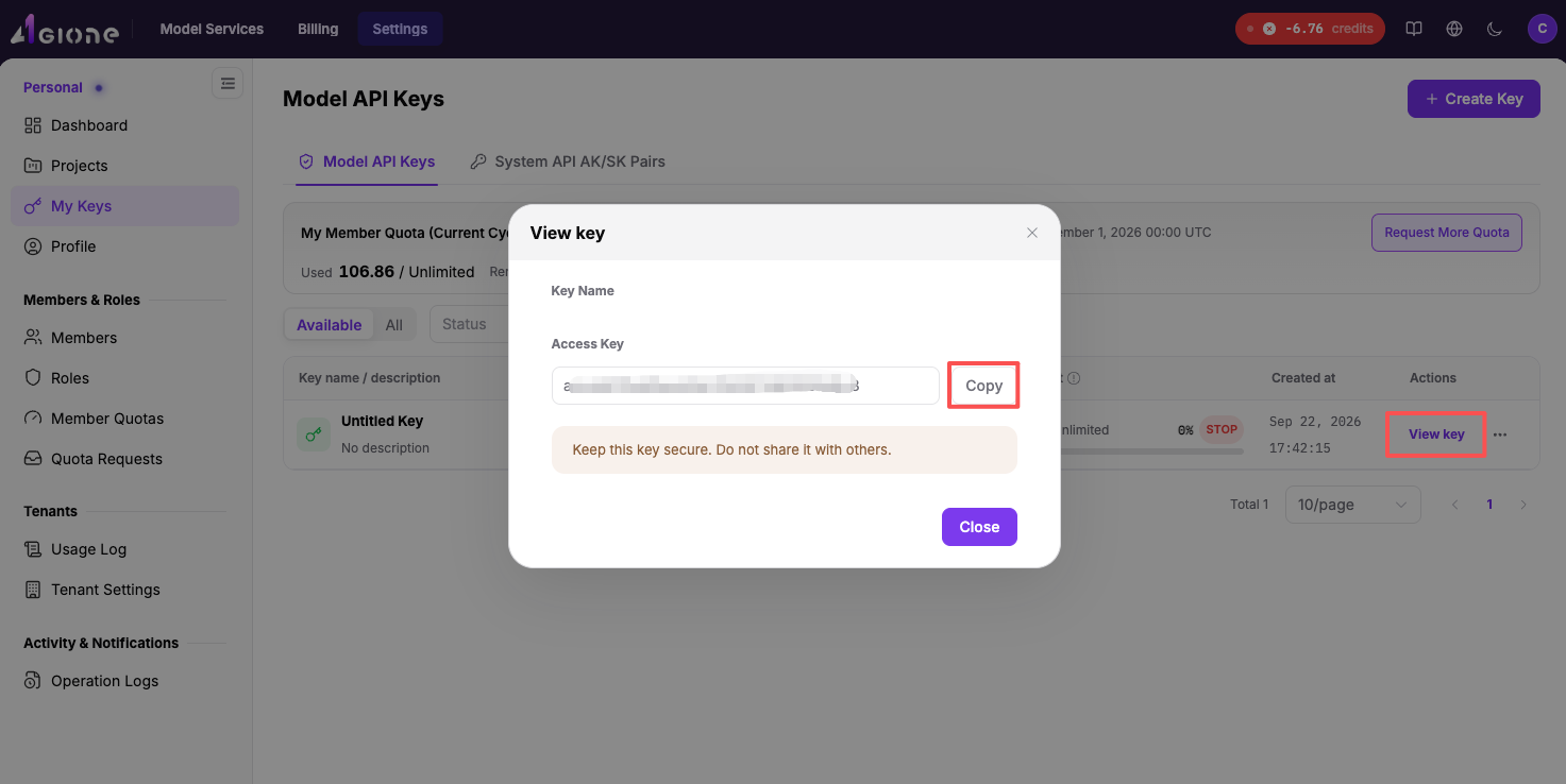 View and copy the Access Key