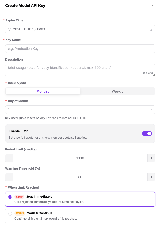 Create Model API Key dialog