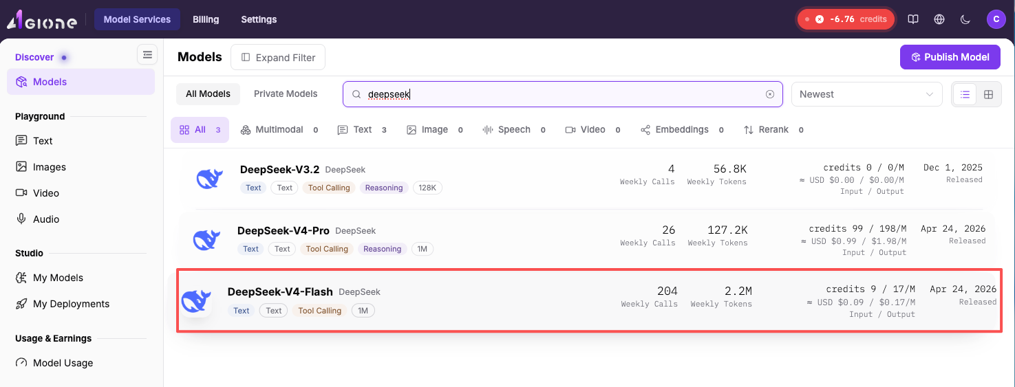 Search and select the DeepSeek-V4-Flash model