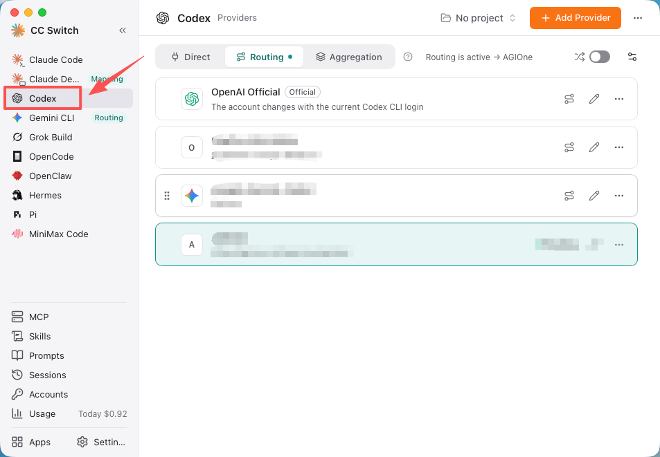 Codex option in the CC Switch left sidebar