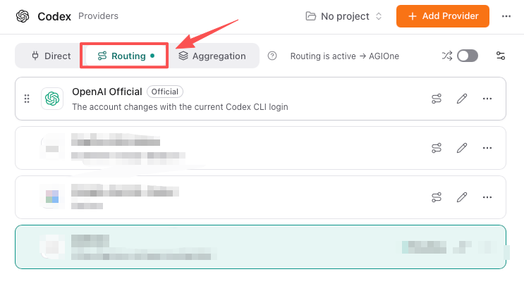 Direct / Routing / Aggregation tabs on the Codex page